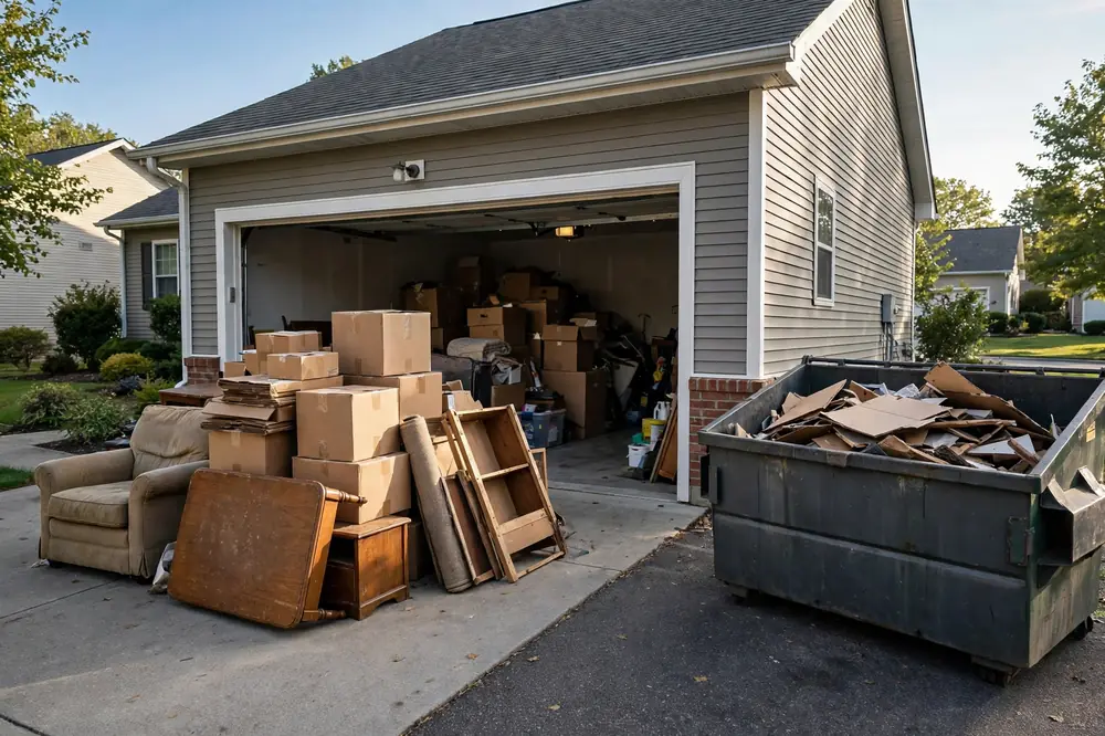 Garage cleanout with furniture and boxes beside a roll-off dumpster