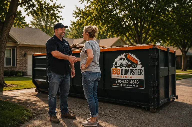 Home 1 Family-owned dumpster rental team greeting a customer in Bowling Green, KY
