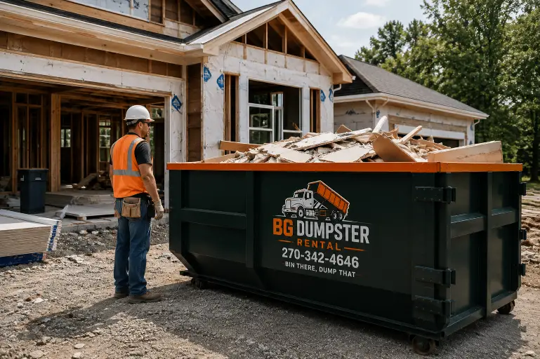 Home 3 Roll-off dumpster filled with construction debris at a job site in Bowling Green, KY