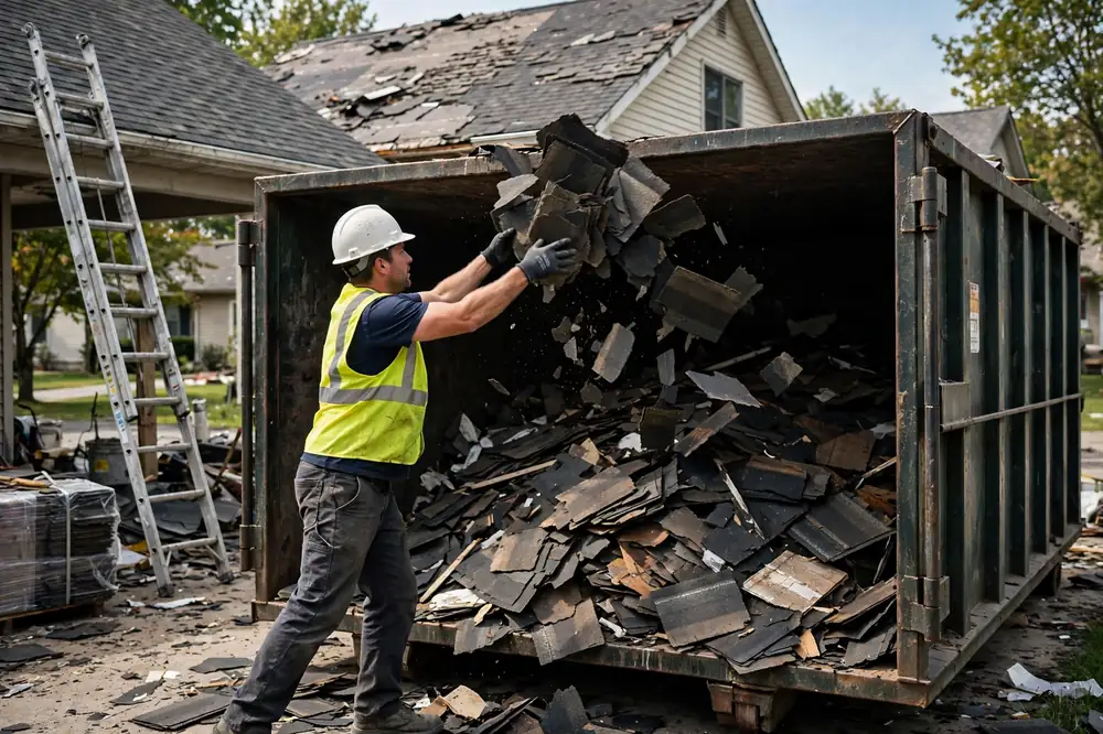 Roofing Dumpster Guide: Sizes, Weight Limits & What to Know Before Renting 2 Worker loading old roofing shingles into a roll-off dumpster
