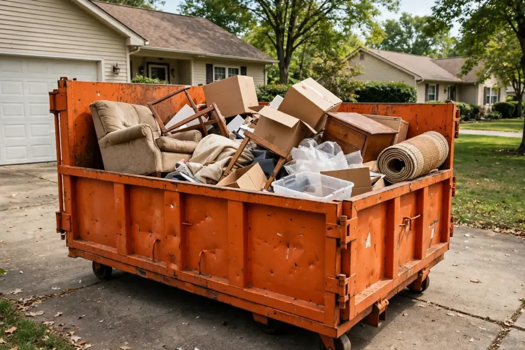Roll-off dumpster being filled with household cleanout debris in Bowling Green, KY