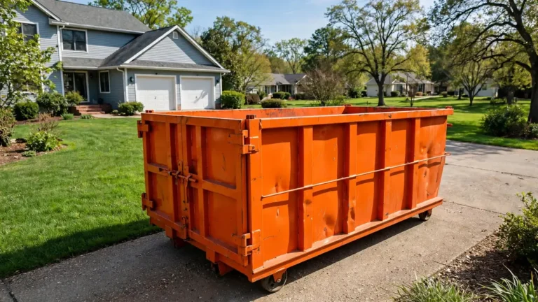 Orange roll-off dumpster in a Bowling Green, KY residential driveway for a 14-day rental