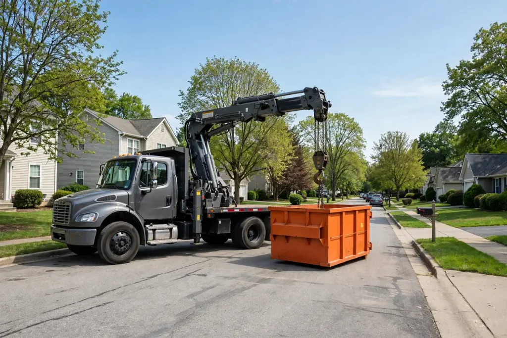 Dumpster delivery truck placing an orange roll-off container on a Bowling Green street